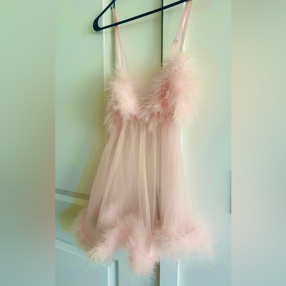 Frederick's of Hollywood Pink Feather-Trim Sheer Babydoll Chemise